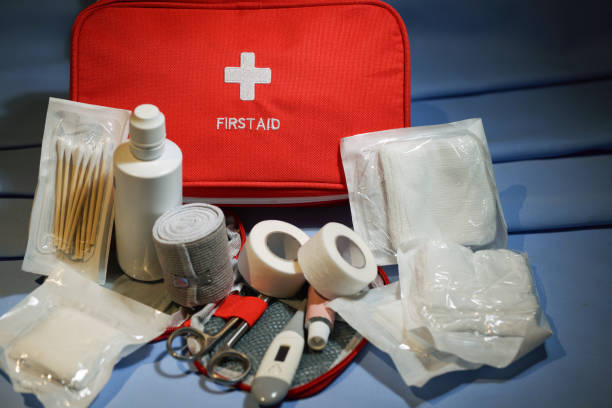 first aid kit on blue background